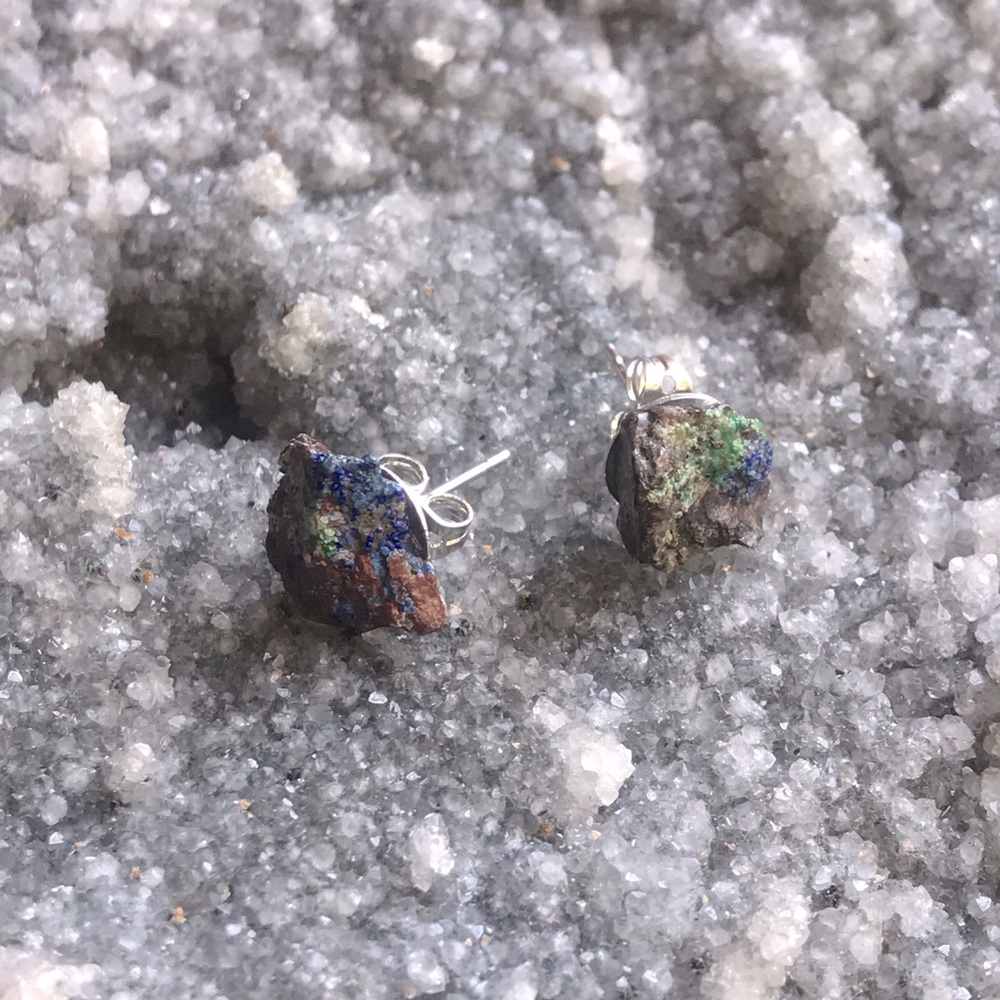 Malachite in azurite raw stud earrings